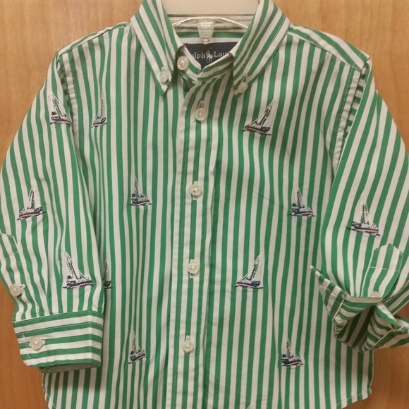 Ralph Lauren Other - Boys Ralph Lauren Shirt w/ Embroidered Sailboats green white stripe